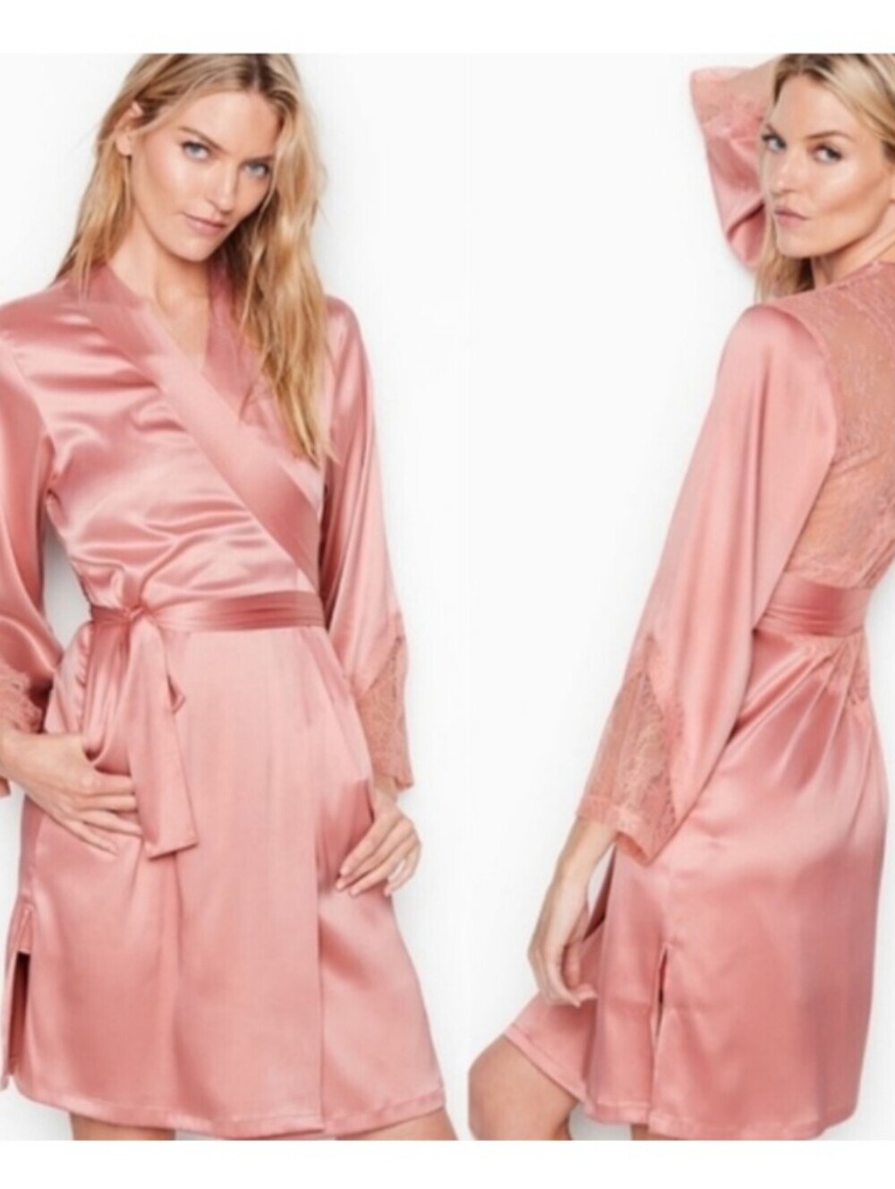 Victorias Secret Chantilly Lace Back Pink Robe Kimono Satin  XS/S EUC